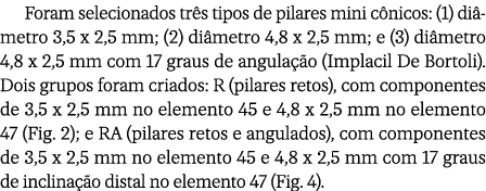Foram selecionados tr s tipos de pilares mini c nicos: (1) di metro 3,5 x 2,5 mm; (2) di metro 4,8 x 2,5 mm; e (3) di...