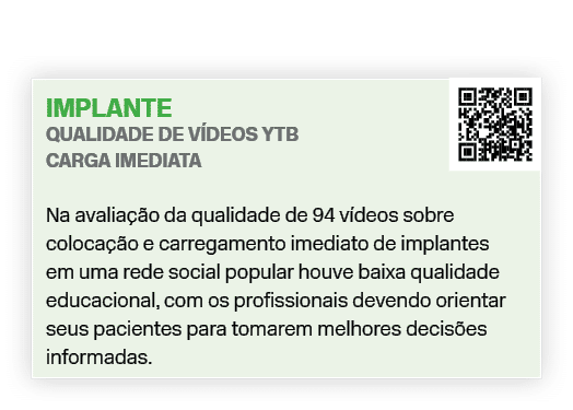 Implante Qualidade de v deos YTB carga imediata ￼ Na avalia o da qualidade de 94 v deos sobre coloca  o e carregamen...