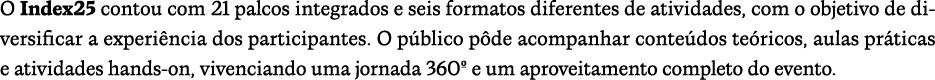 O Index25 contou com 21 palcos integrados e seis formatos diferentes de atividades, com o objetivo de diversificar a ...
